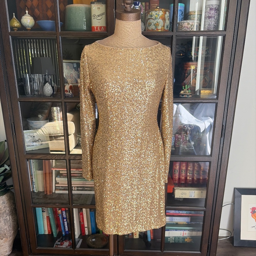 Ralph Lauren Gold Sequin Key Hole Party Dress, size  6p